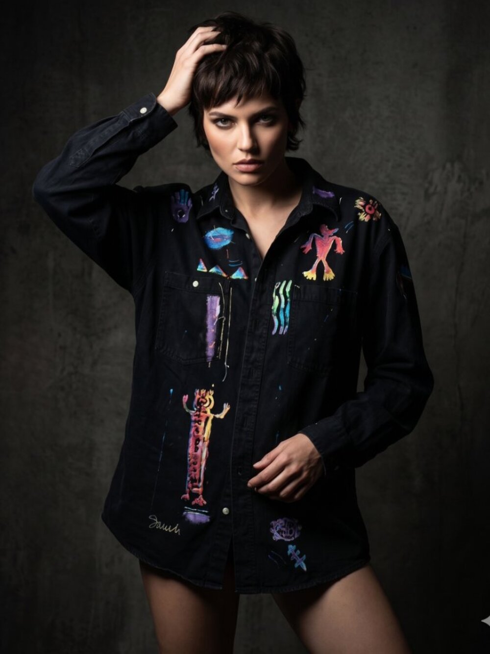 Black Painted Button-Down Shirt with Colorful Artwork